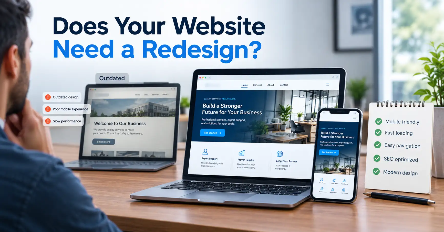A small-business owner evaluating whether an existing business website needs a redesign, with a clear visual contrast between an outdated website and a modern, responsive version.
